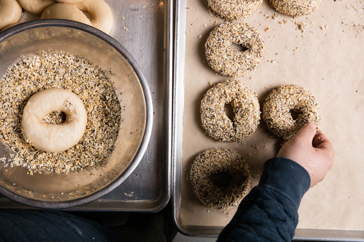a bagel sitting on top of a pan