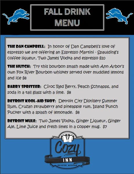 Seasonal Cocktail Menu Cozy Inn Brighton, MI