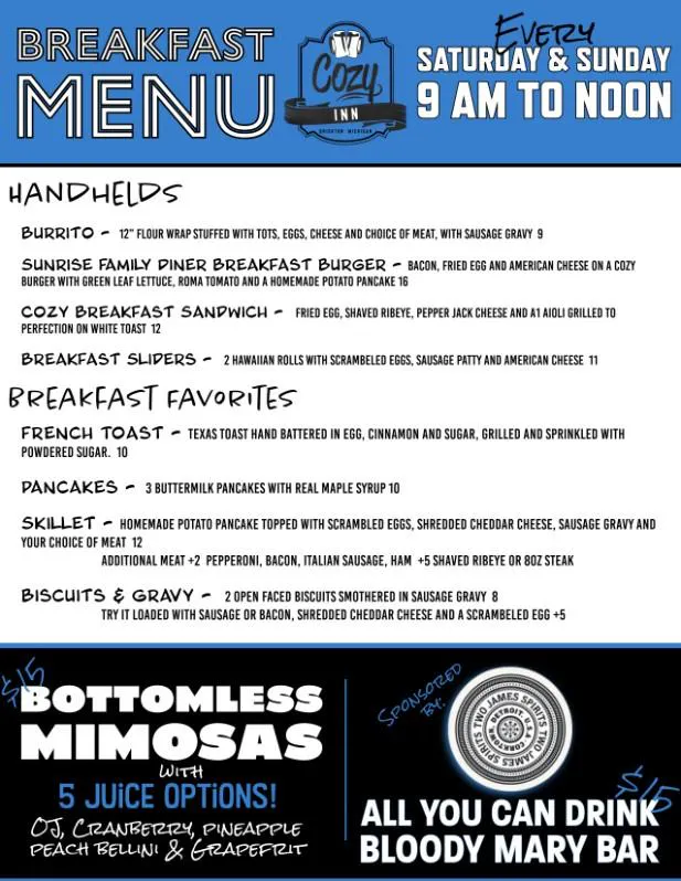 Breakfast Menu | Cozy Inn | Brighton, MI