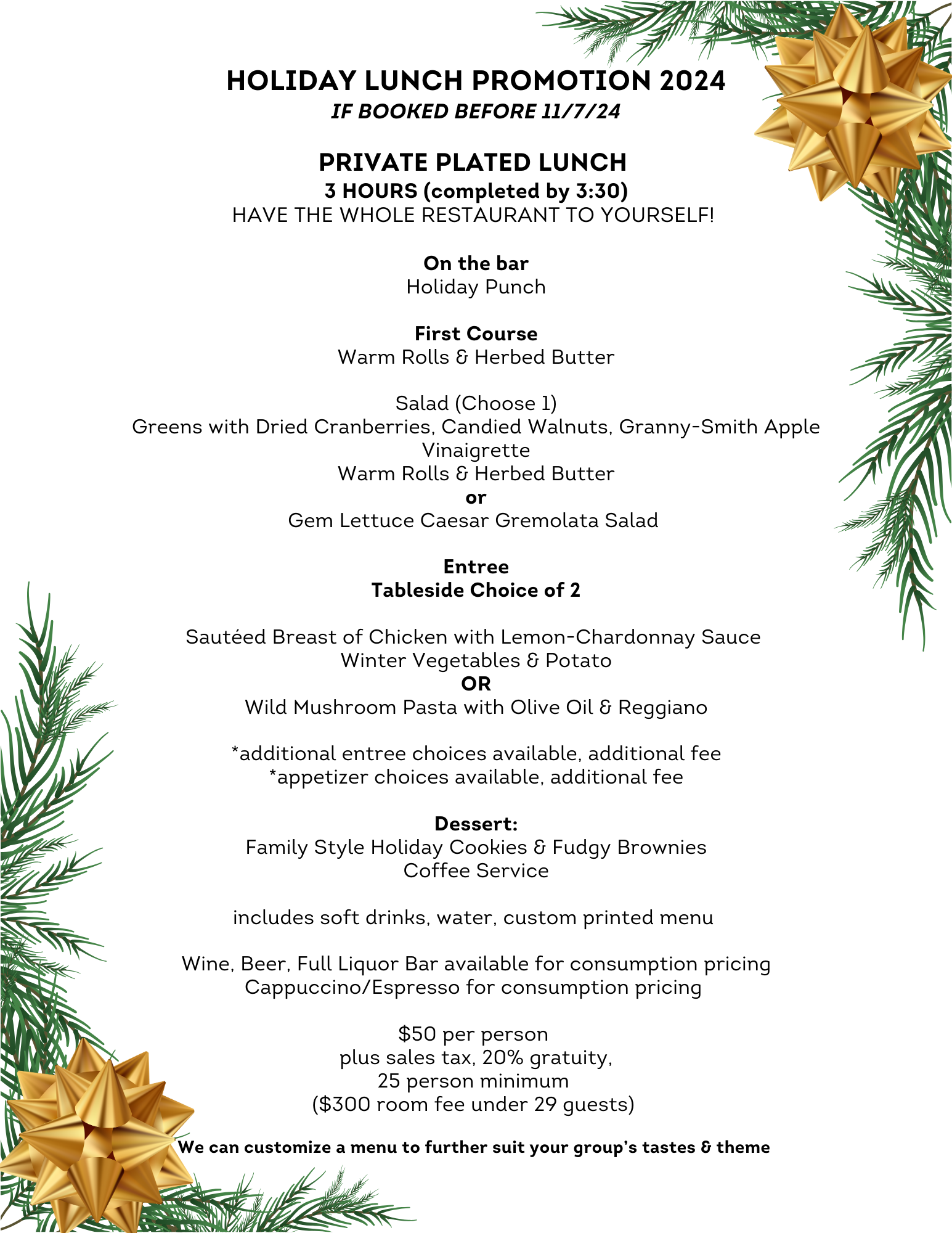 PRIVATE HOLIDAY LUNCHEON PROMOTION The Cook & The Cork