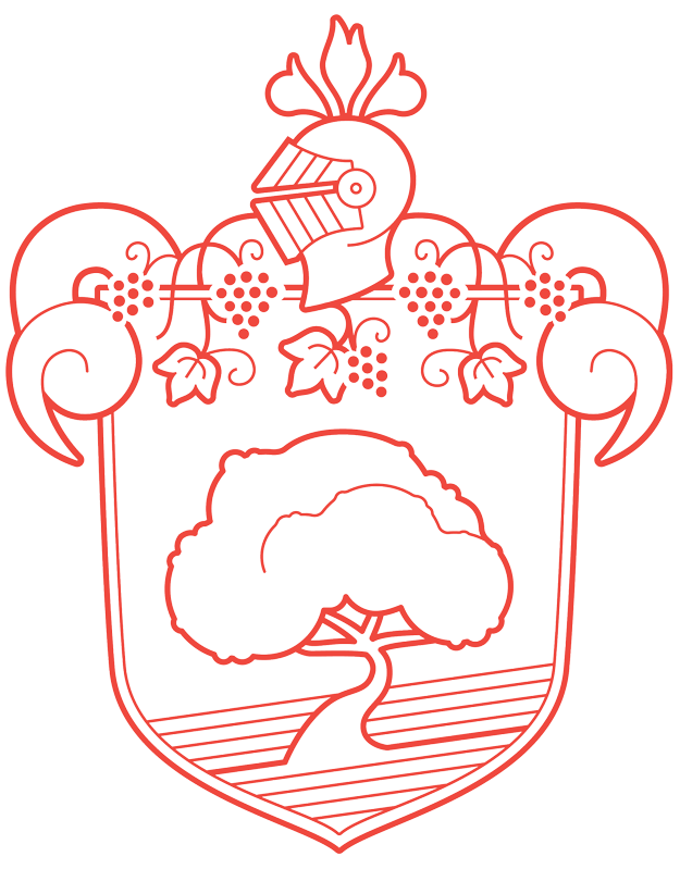 a red line art of a shield with a tree and grapes