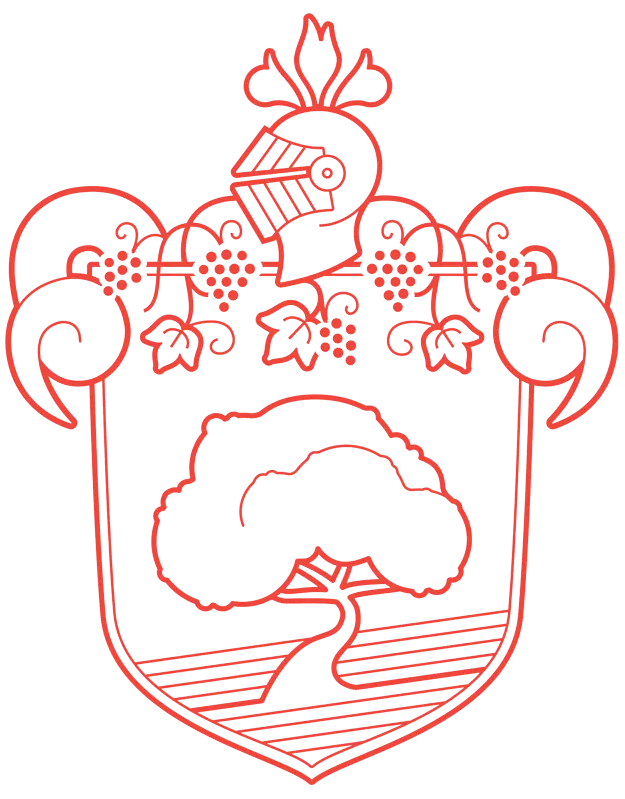 a red line art of a shield with a tree and grapes