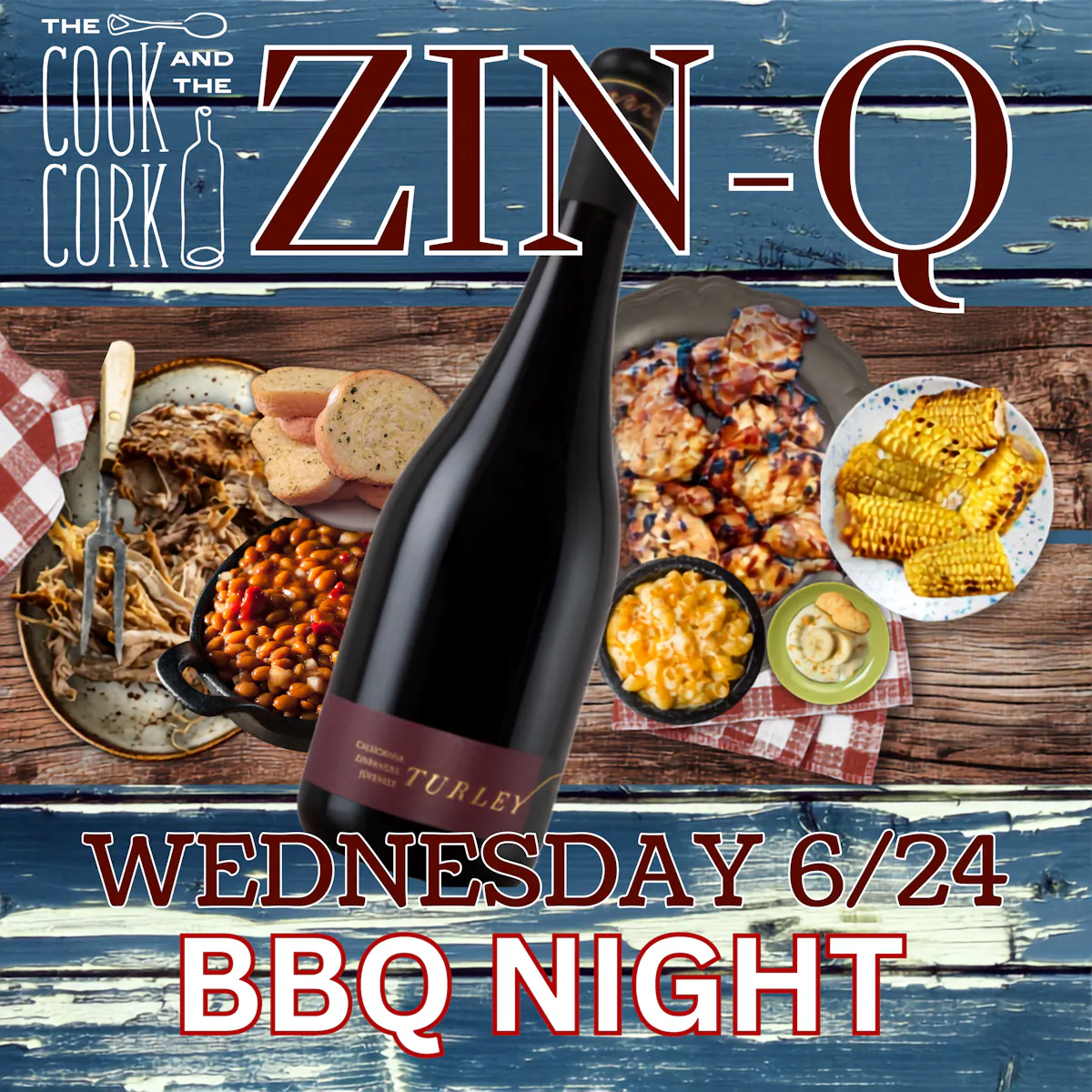 a bottle of wine and food on a blue wood background