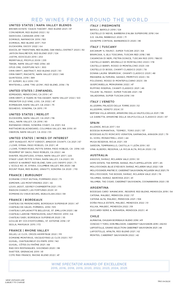 a list of wine list