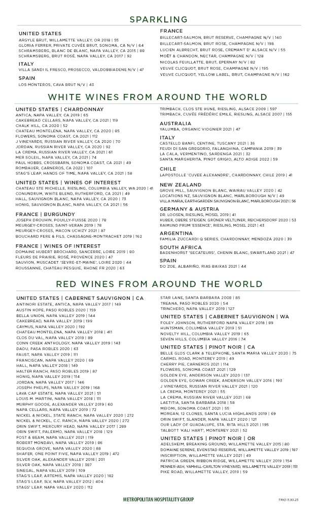 Trio wine list deals