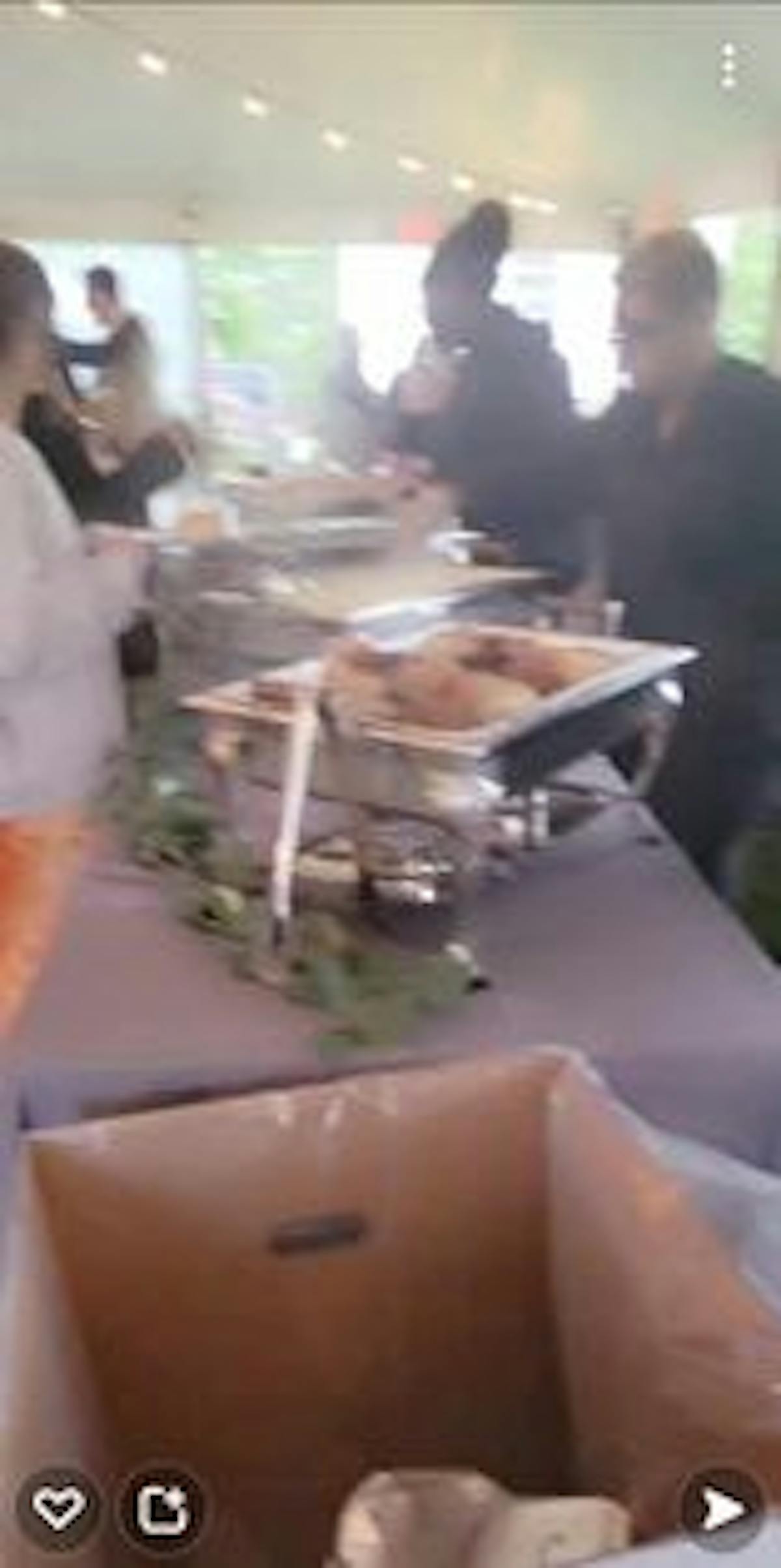 Roasted Chicken, Hot Rolls, Homemade Mac & Cheese, Green Beans being Served by Servers