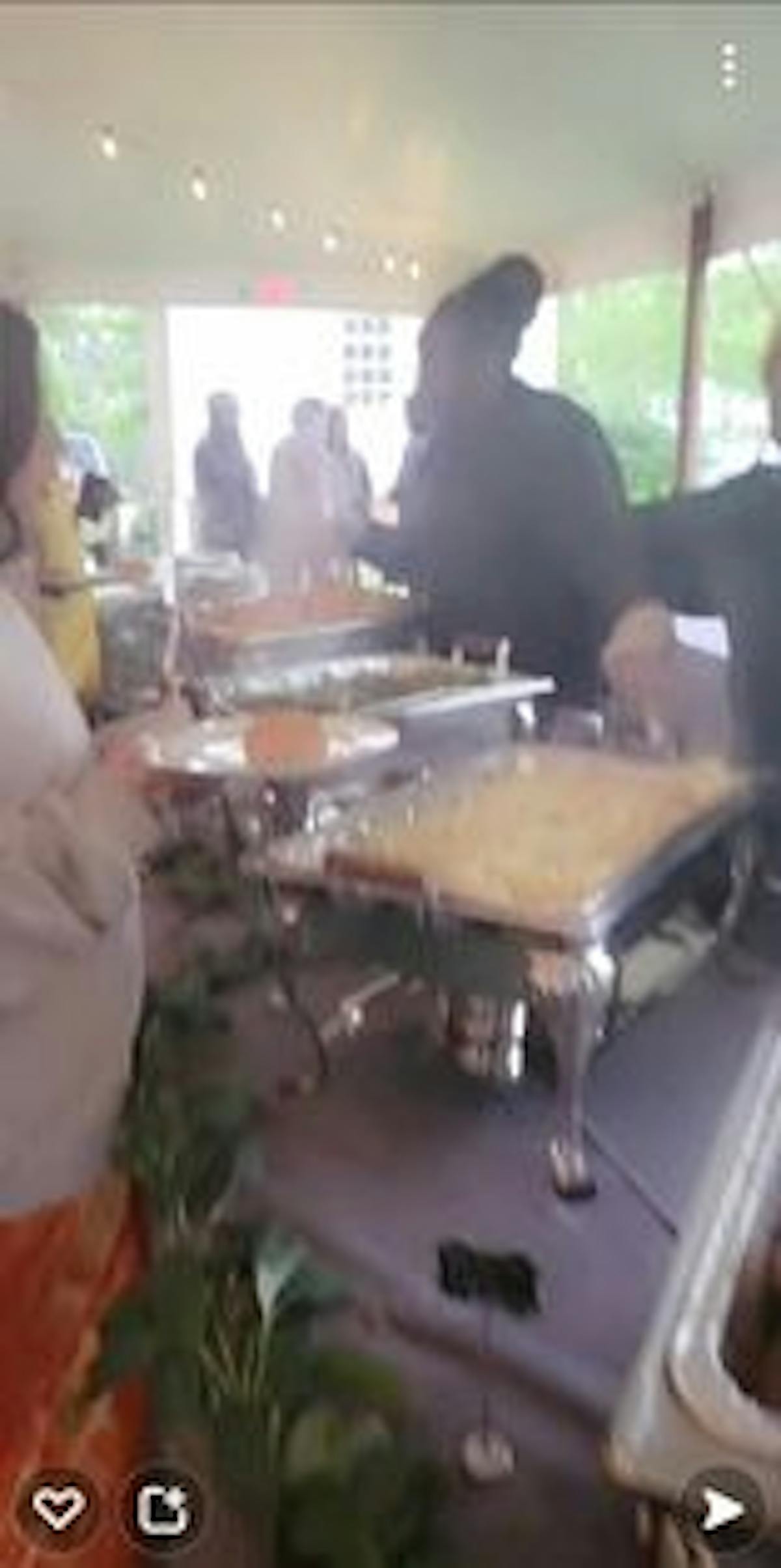 Roasted Chicken, Hot Rolls, Homemade Mac & Cheese, Green Beans being Served by Servers