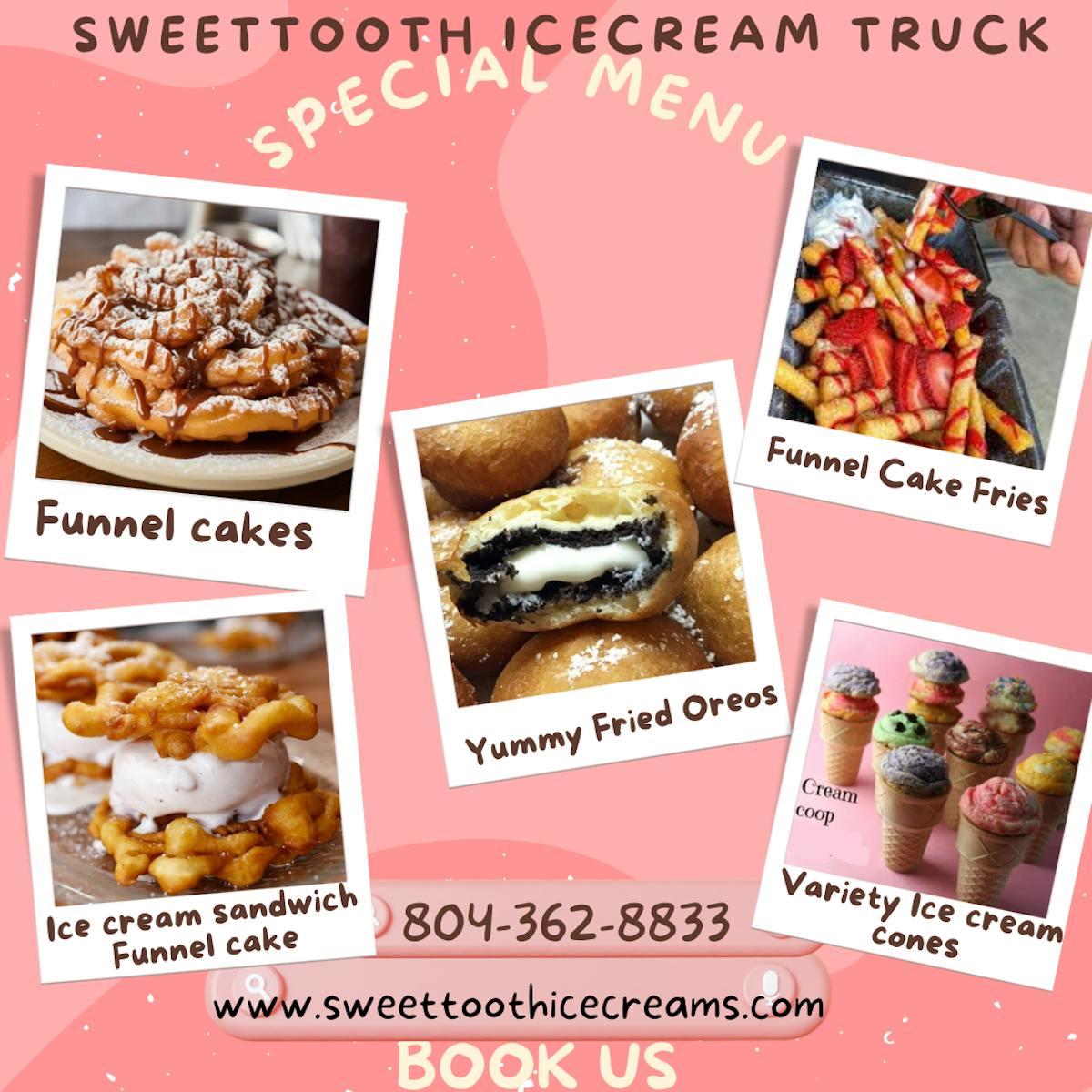 ice cream, funnel cakes, fried oreos, ice cream sandwiches, carnival foods