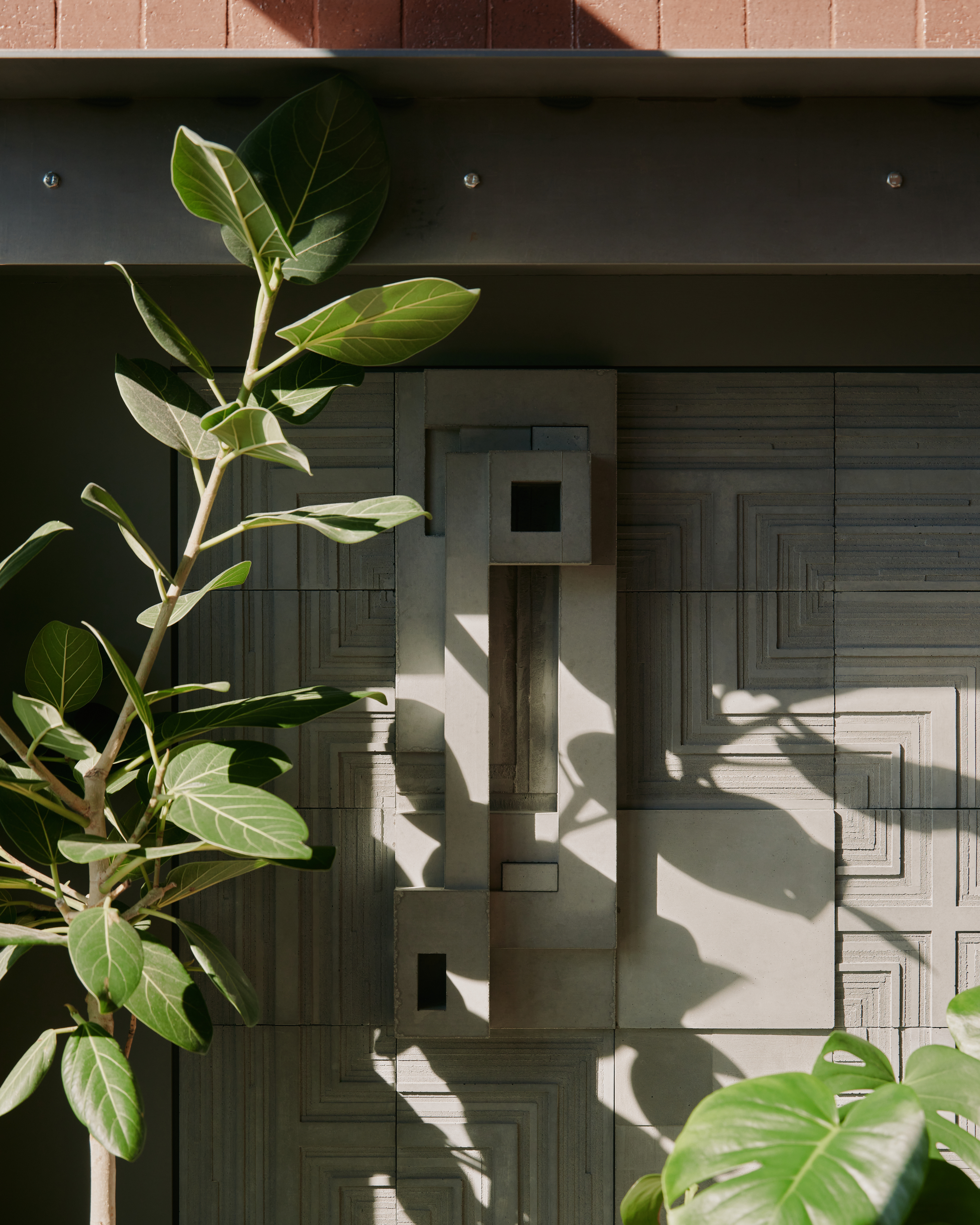 a plant in front of a wall relief sculpture