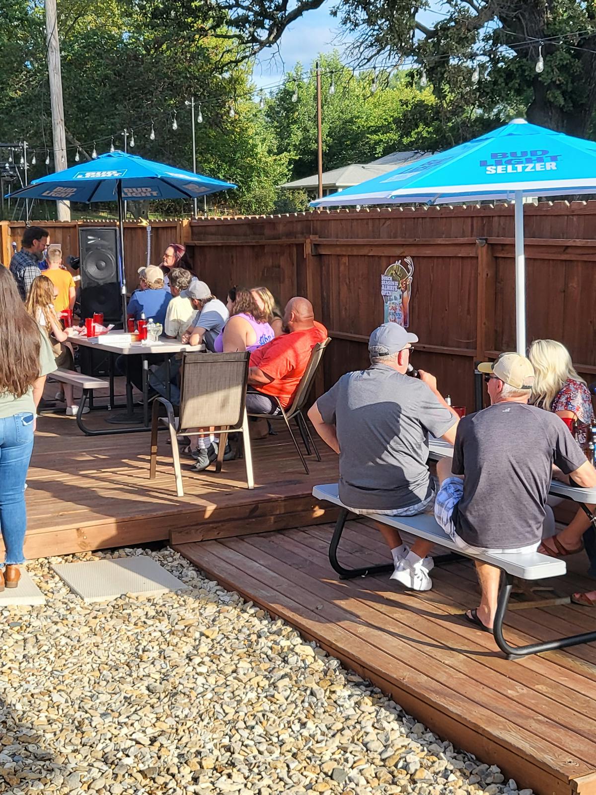 a group of people sitting at a picnic table