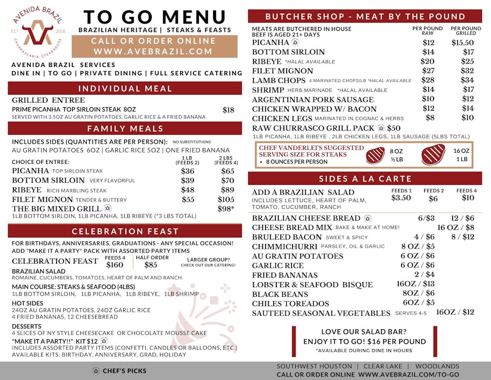 To Go & Curbside Menus Avenida Brazil Churrascaria Brazilian
