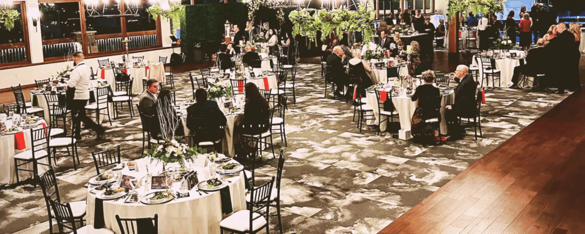 a group of people that are set up on a dining room table