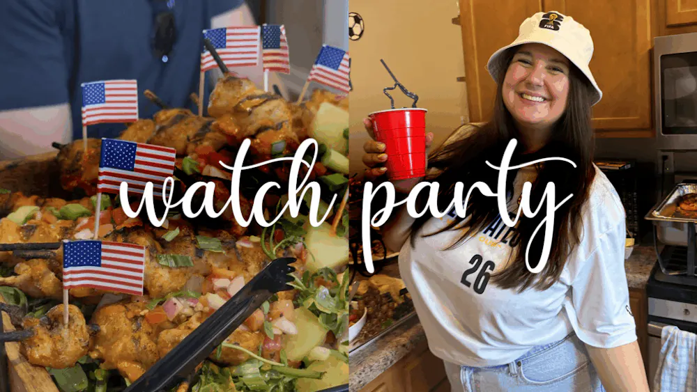 a collage of a woman holding a red cup and a plate of food