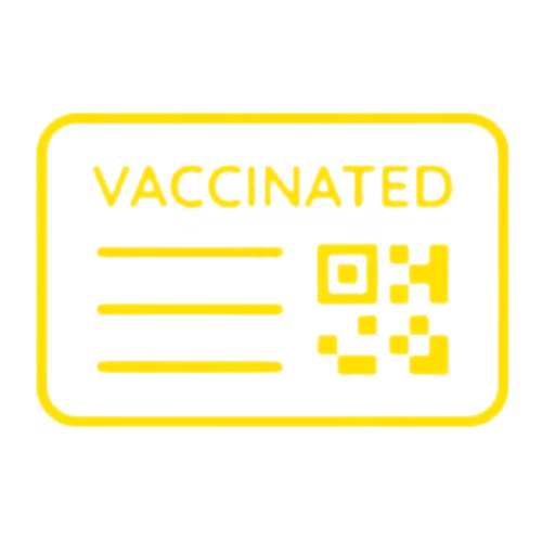 A black and white COVID-19 vaccination card with the word 'VACCINATED' at the top and a QR code on the right side.