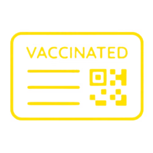A black and white COVID-19 vaccination card with the word 'VACCINATED' at the top and a QR code on the right side.