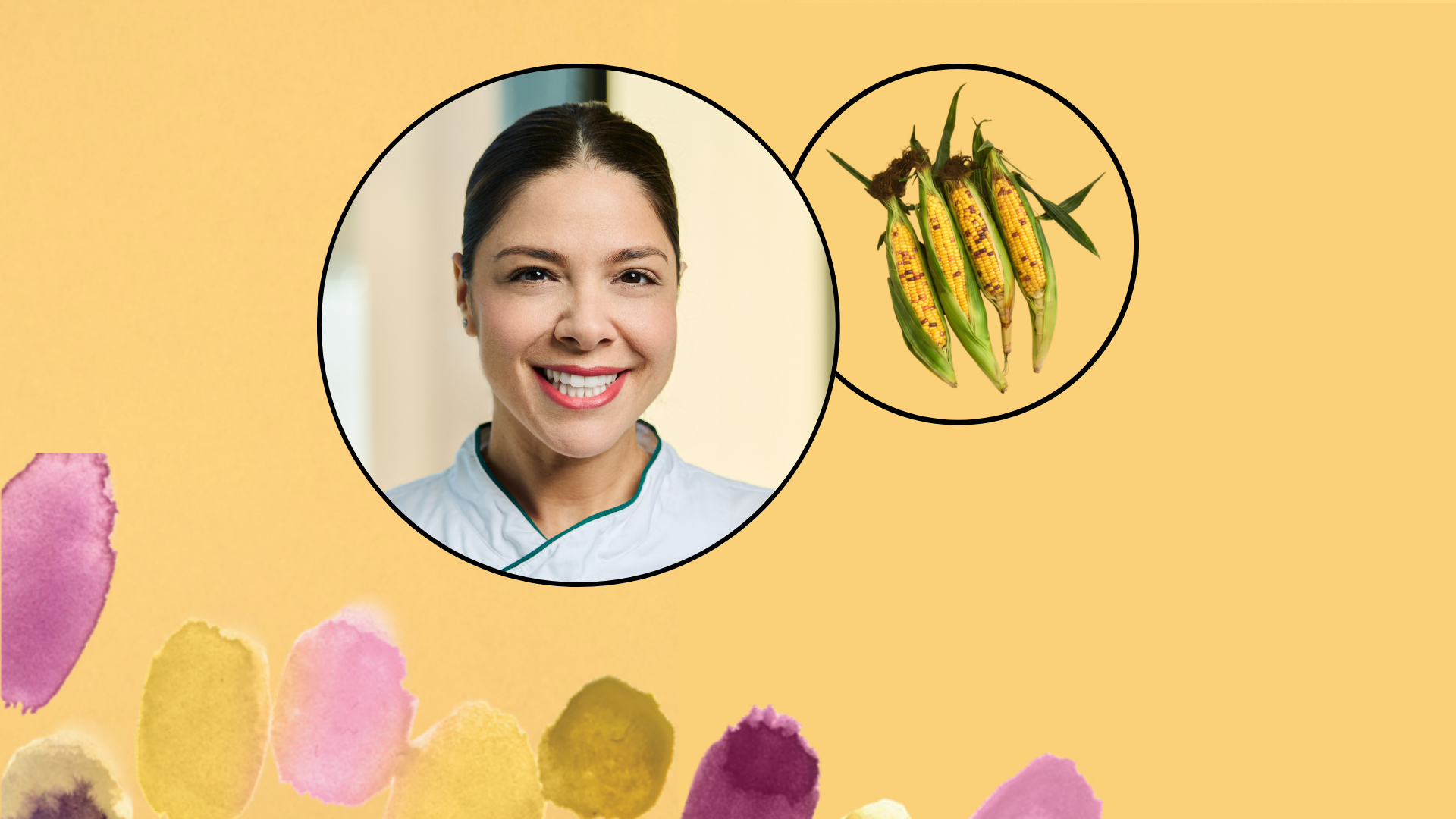 a woman smiling and a corn cob