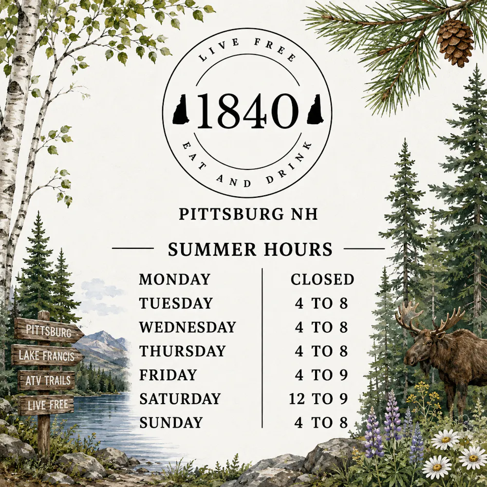 a poster with a sign and a lake and trees