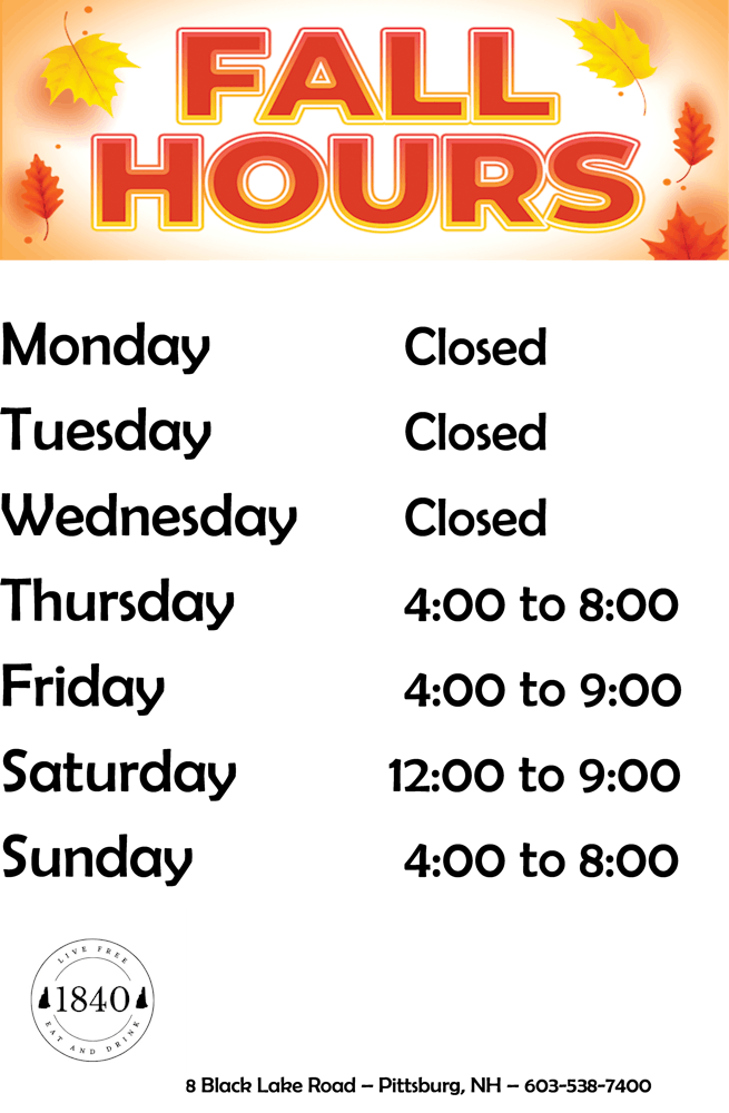 Hours & Location 1840 Restaurant in Pittsburg, NH