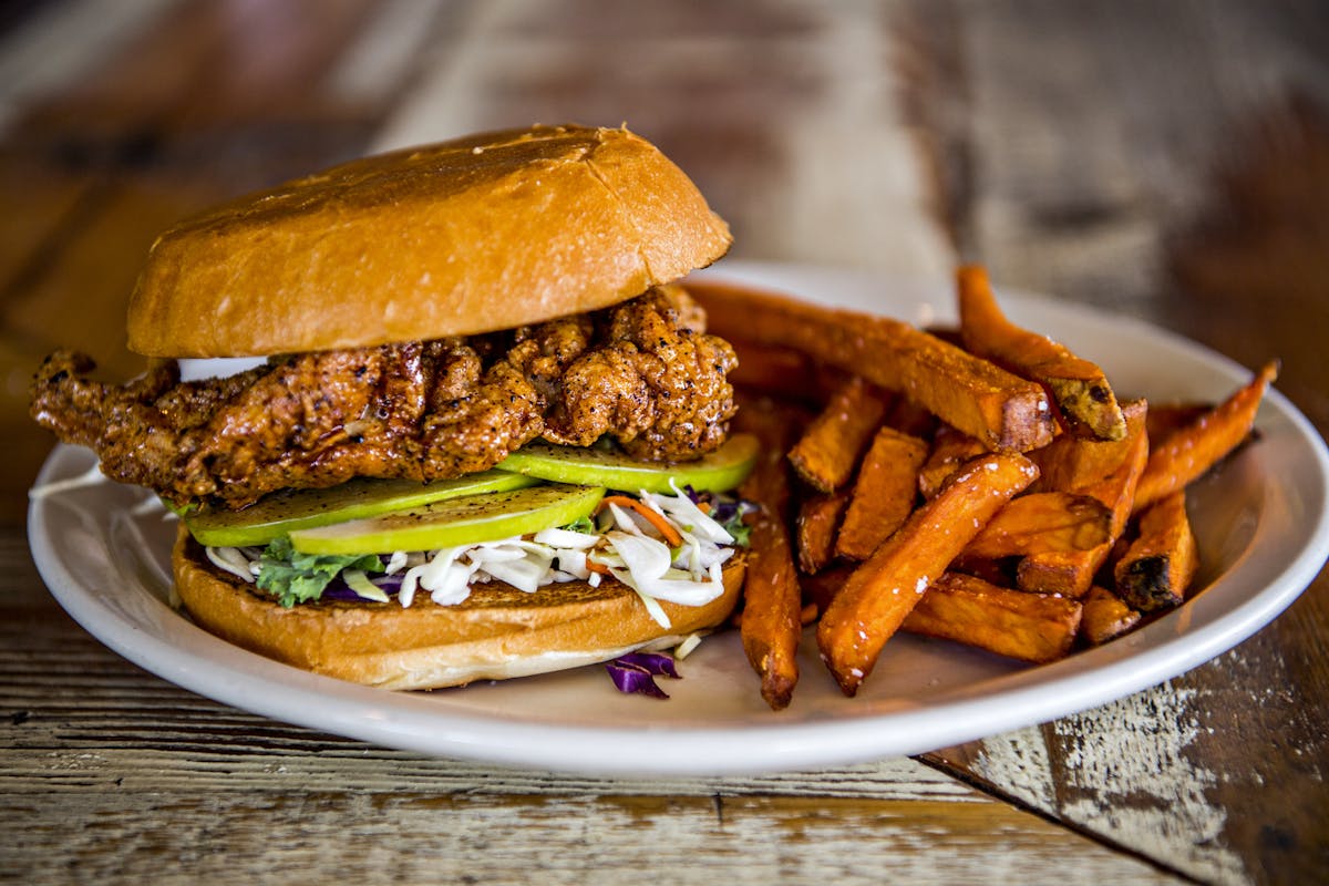 chicken sandwich at West End Tavern in Boulder, Co on a plate