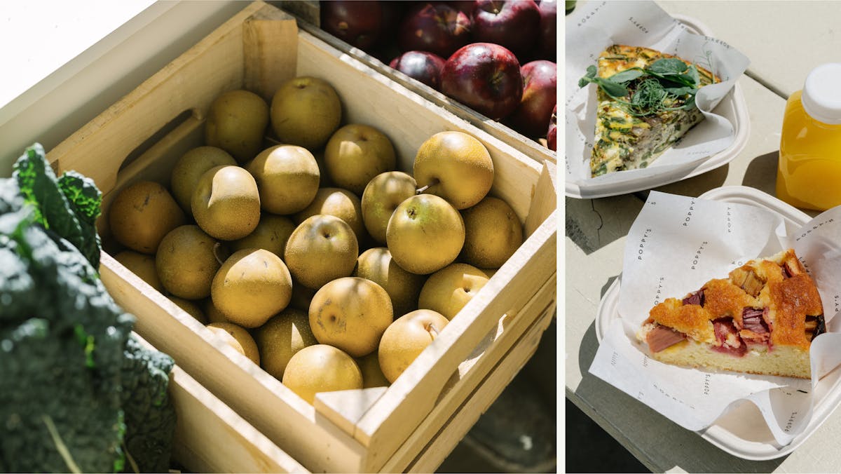 a box filled with different types of food on a table