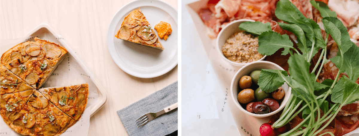 a plate of food with a slice of pizza
