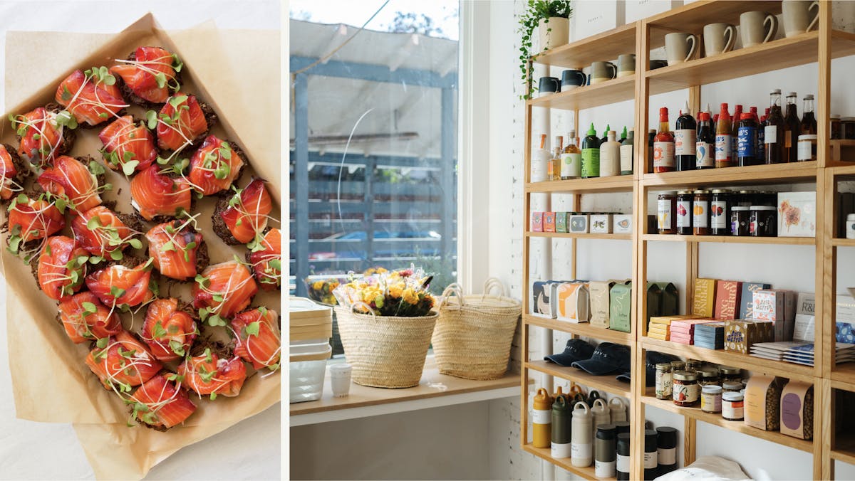 a shelf filled with food