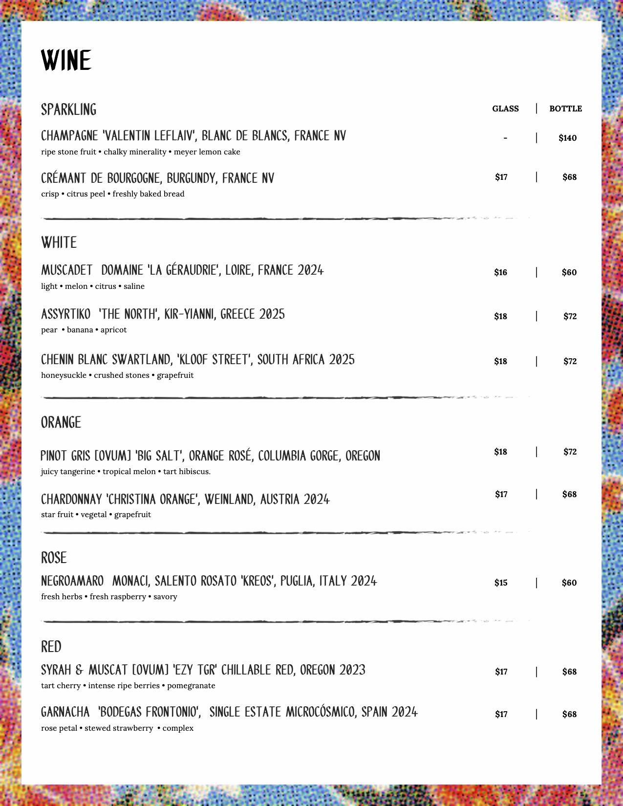 a menu with a colorful background