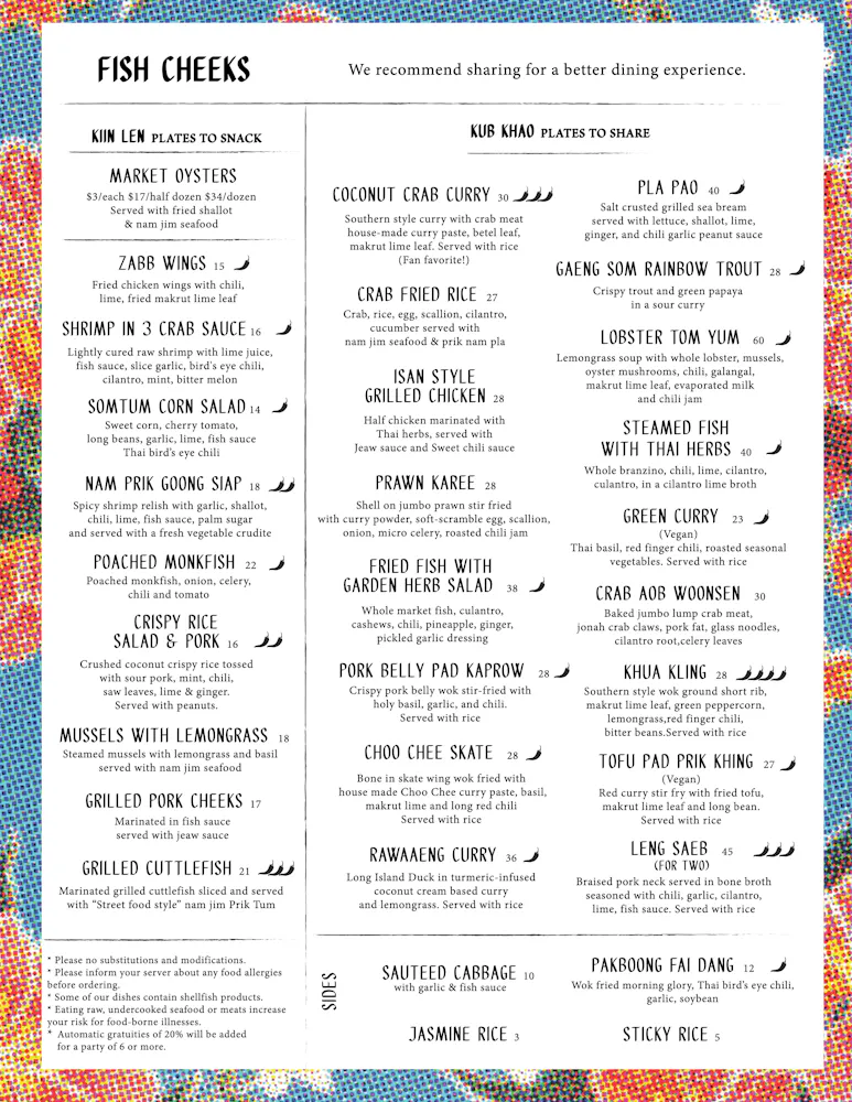 Cheeks Van Menu Menus | Fish Cheeks in NYC