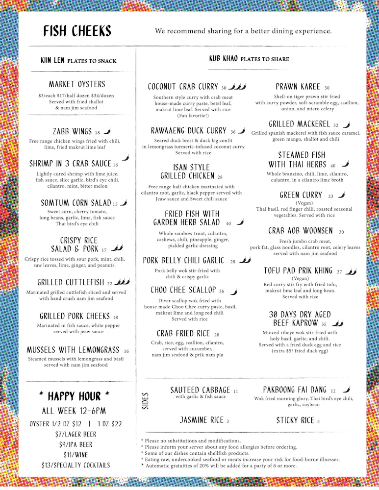 Cheeks Van Menu Menus | Fish Cheeks in NYC
