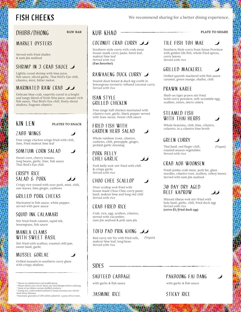Fish Face Menu Menus | Fish Cheeks in NYC