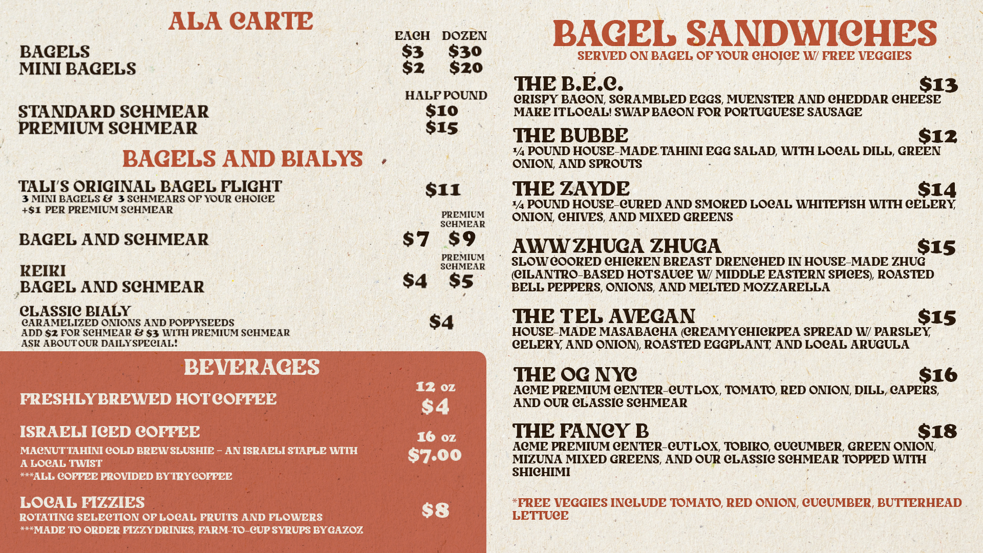 Menu Tali's Bagels & Schmear Bagel PopUp Shop in Honolulu, HI