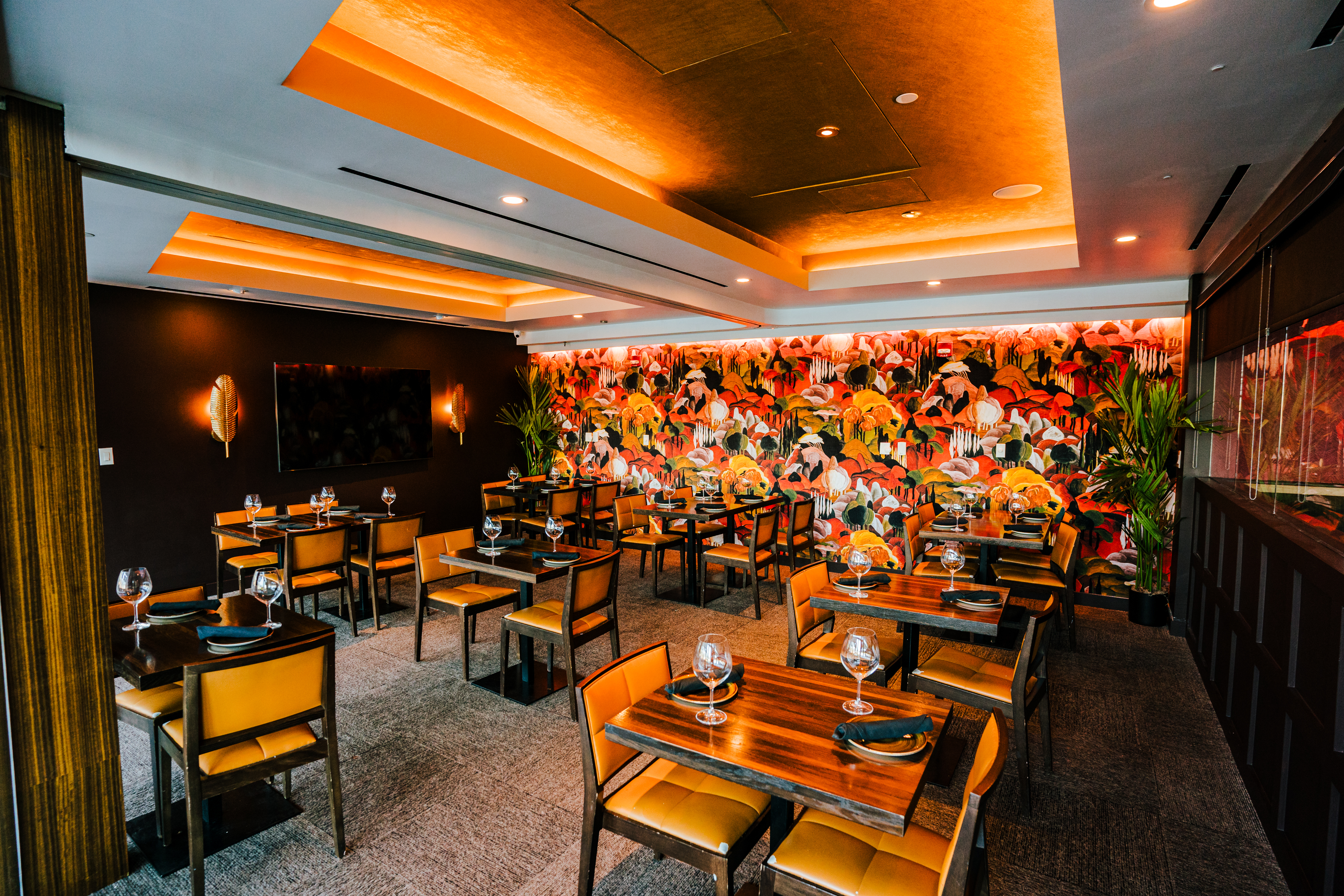a dining room table in front of a store
