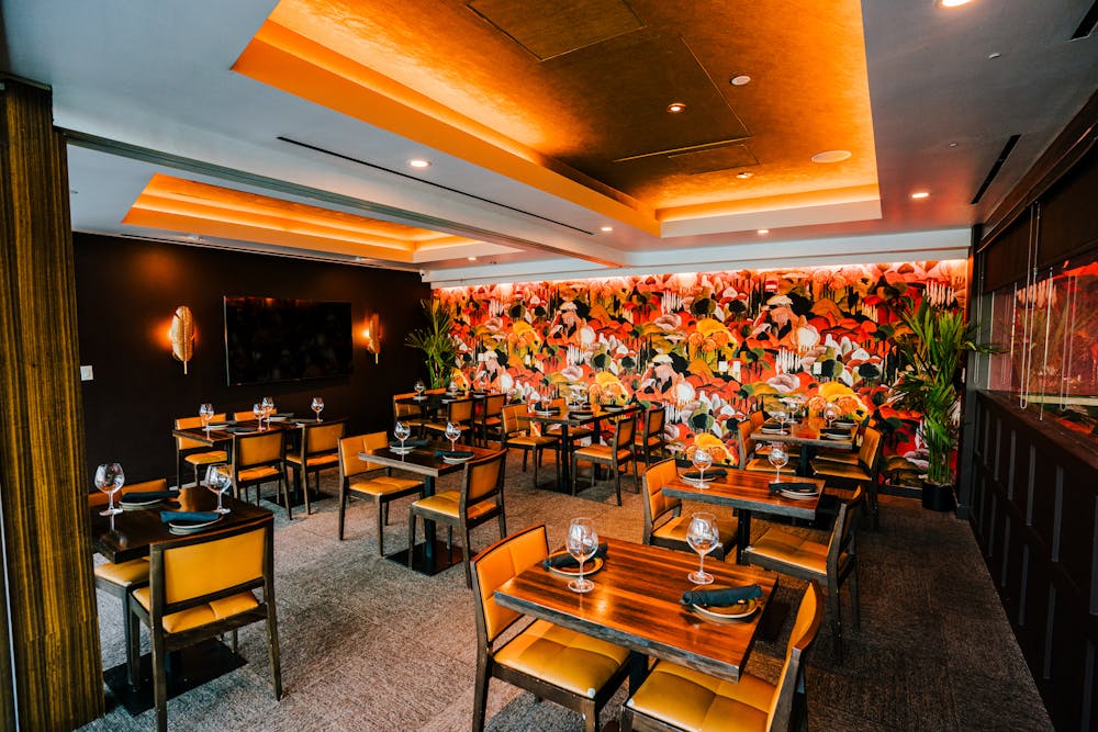 a dining room table in front of a store