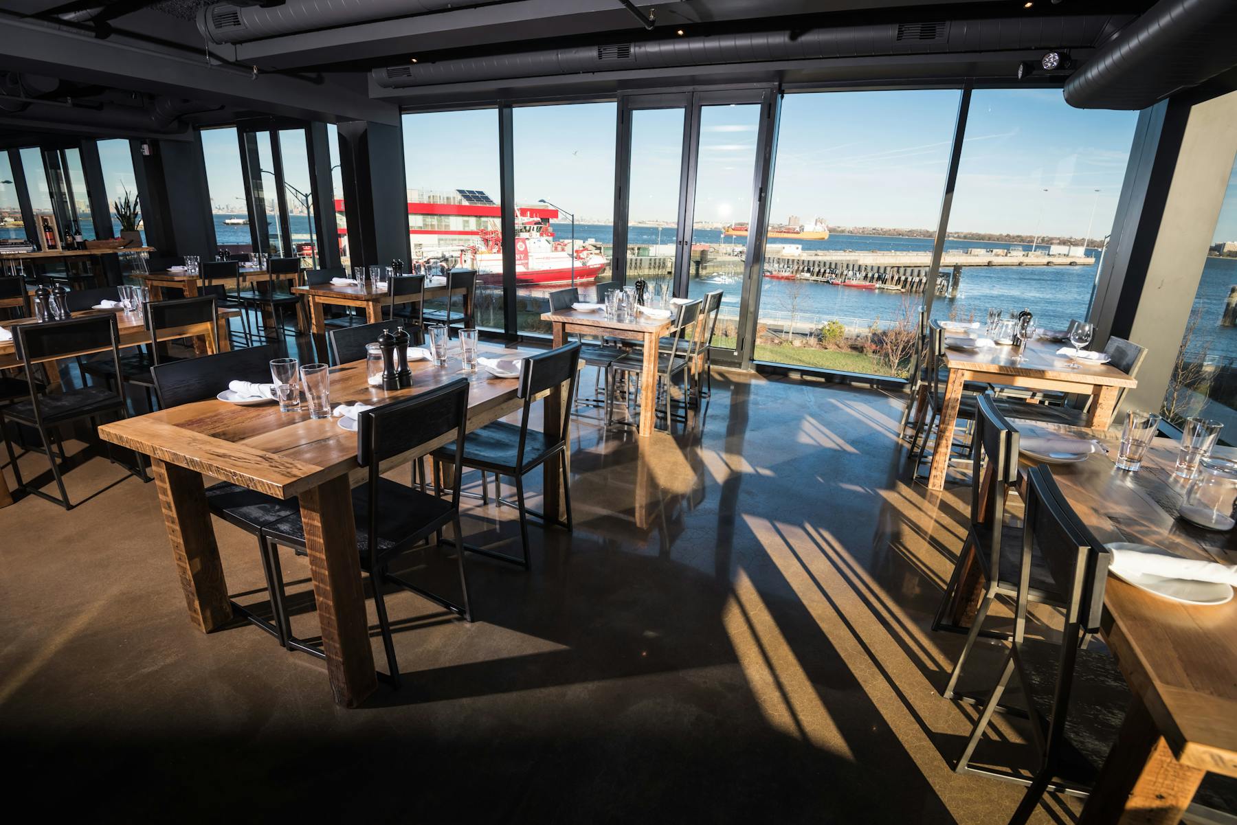 a dining room with sea view