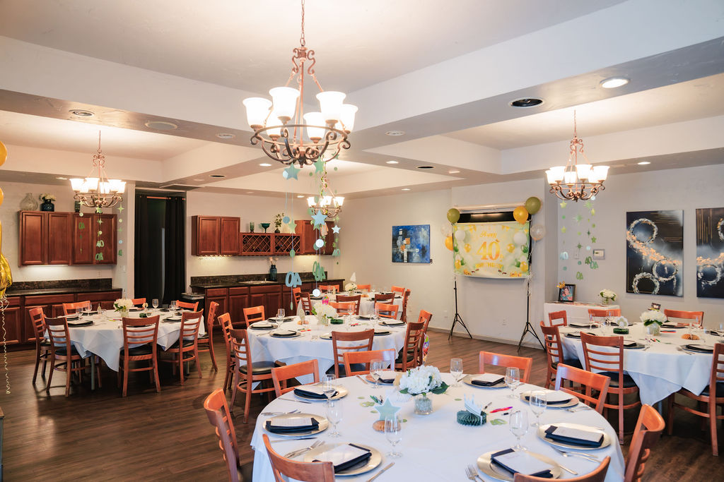a room with tables and chairs