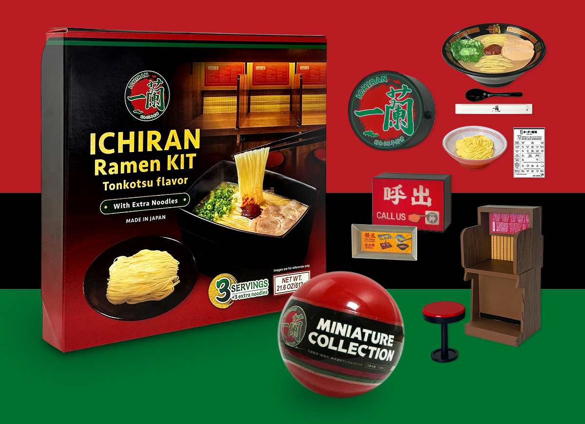 Ramen Kit Kae-Dama Gift Set and four ICHIRAN miniature capsule toys (ICHIRAN logo magnet, call button and Kae-Dama plate, Ramen Focus Booth and stool, Classic Tonkotsu ramen with a bowl of kae-dama, order form, renge spoon, and chopsticks in a sleeve)