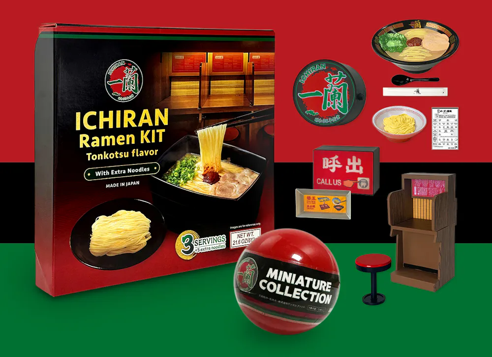 Ramen Kit Kae-Dama Gift Set and four ICHIRAN miniature capsule toys (ICHIRAN logo magnet, call button and Kae-Dama plate, Ramen Focus Booth and stool, Classic Tonkotsu ramen with a bowl of kae-dama, order form, renge spoon, and chopsticks in a sleeve)