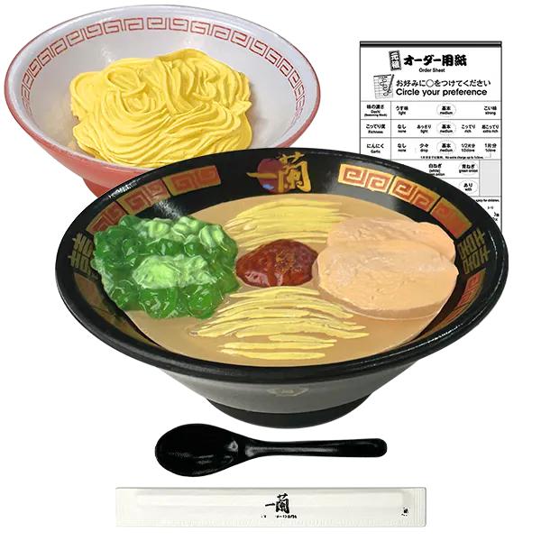Miniature bowl of Classic Tonkotsu Ramen, bowl of Kae-Dama, order form, renge spoon, and chopstick in sleev