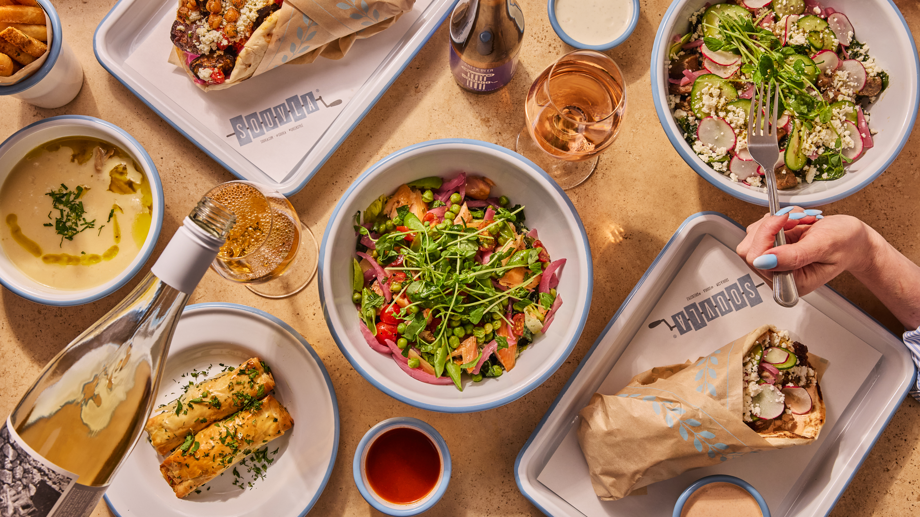 a table with food and drinks