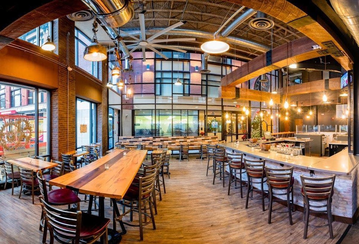 a dining room table in front of a building