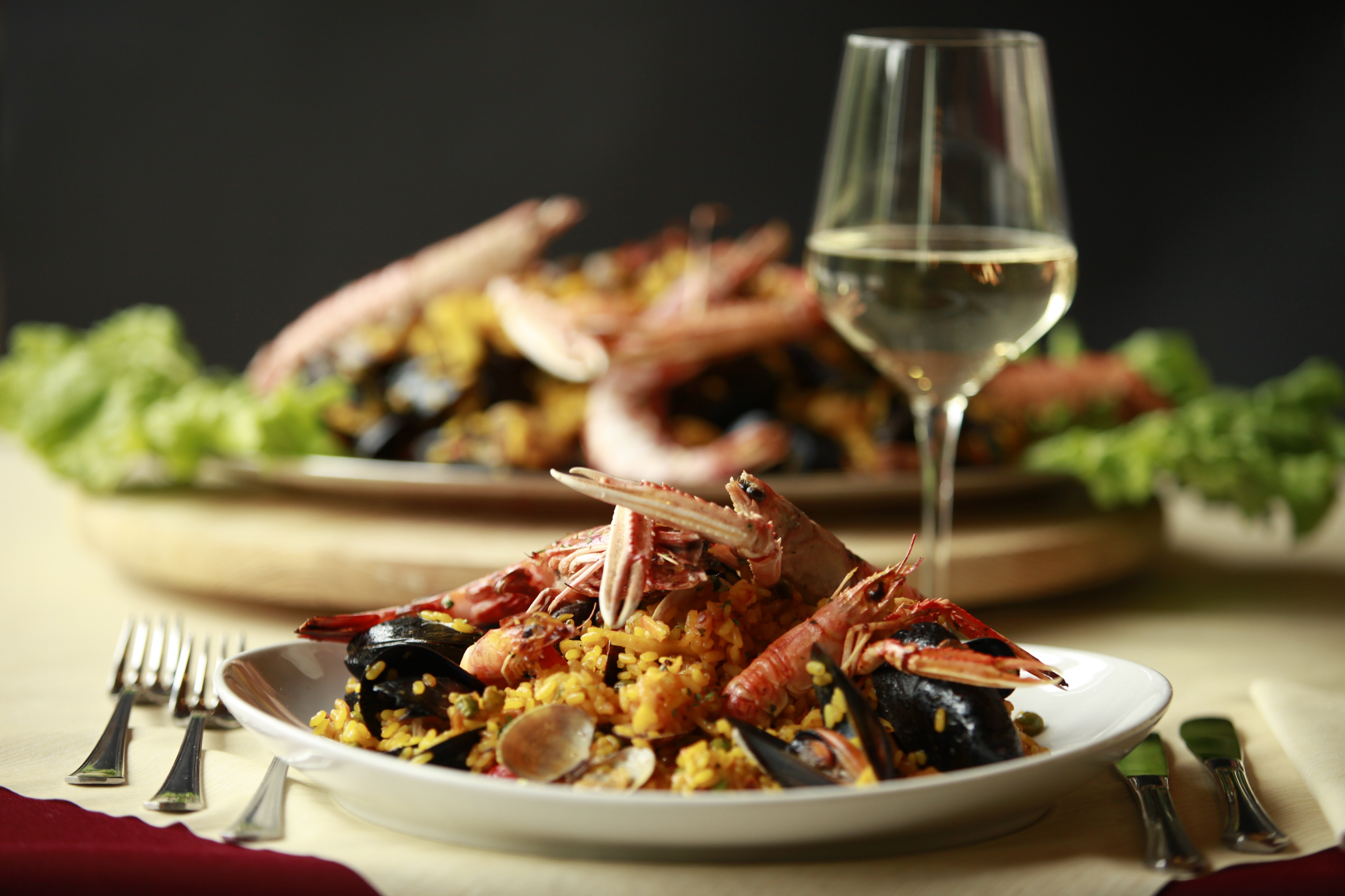 paella and wine