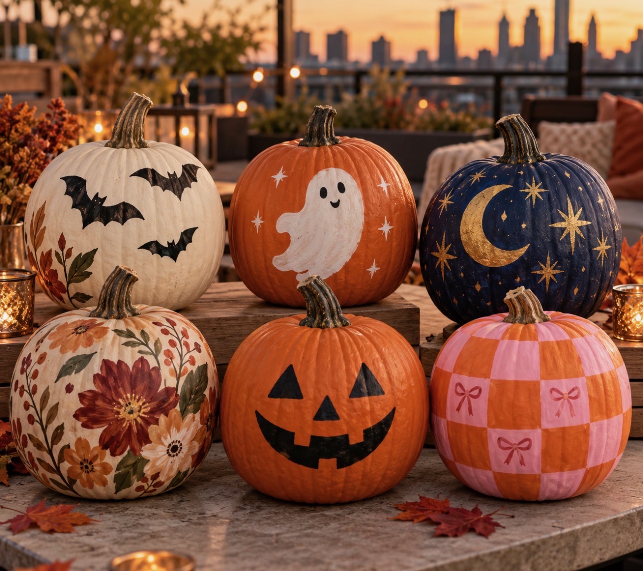 a group of pumpkins painted with different designs