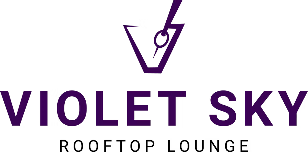 a purple logo on a black background