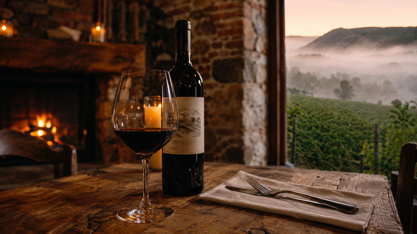 a glass of red wine by the fireplace overlooking the vineyard