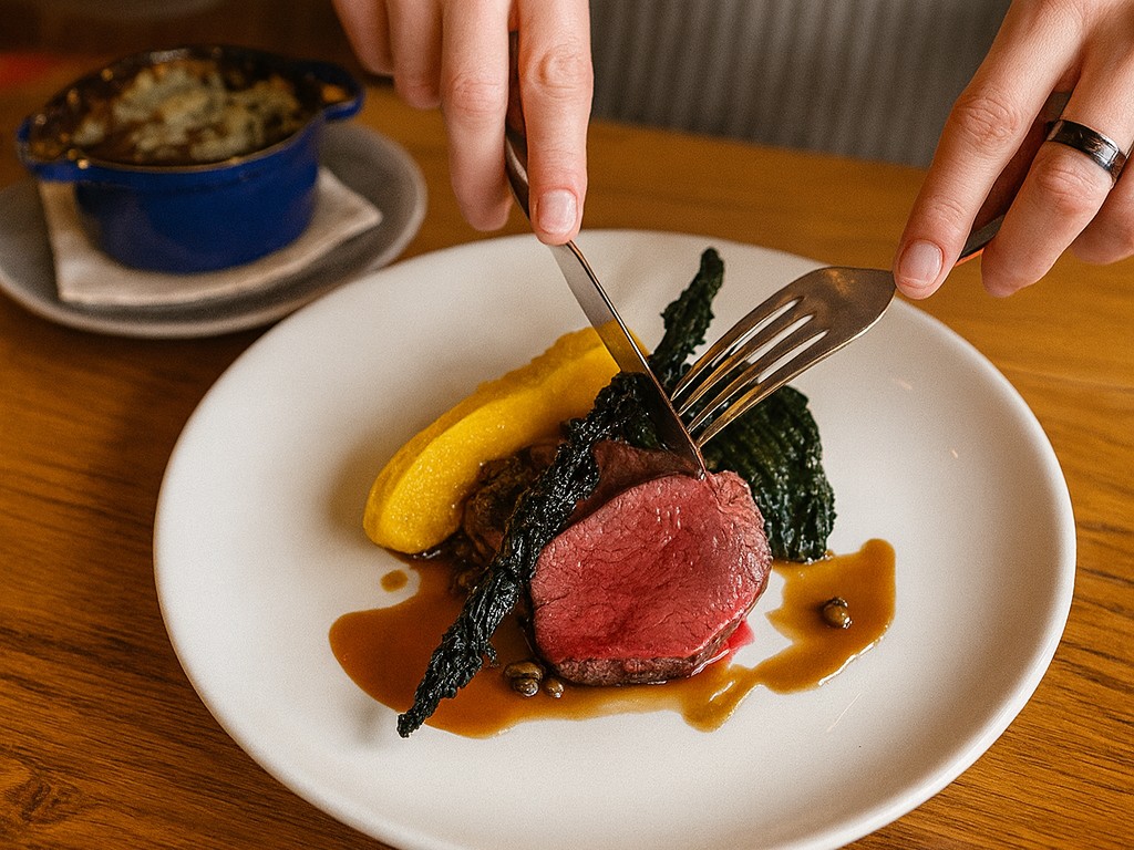 Roast venison haunch being sliced at a table at The Fox & Hounds
