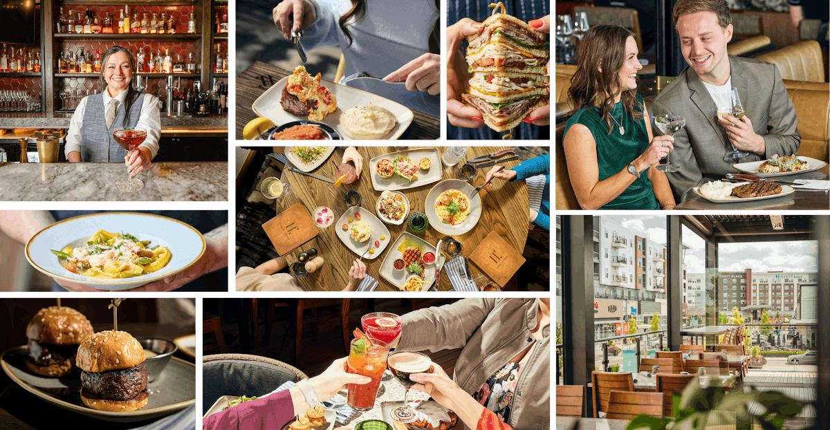 collage of people enjoyning steak, seafood, cocktials