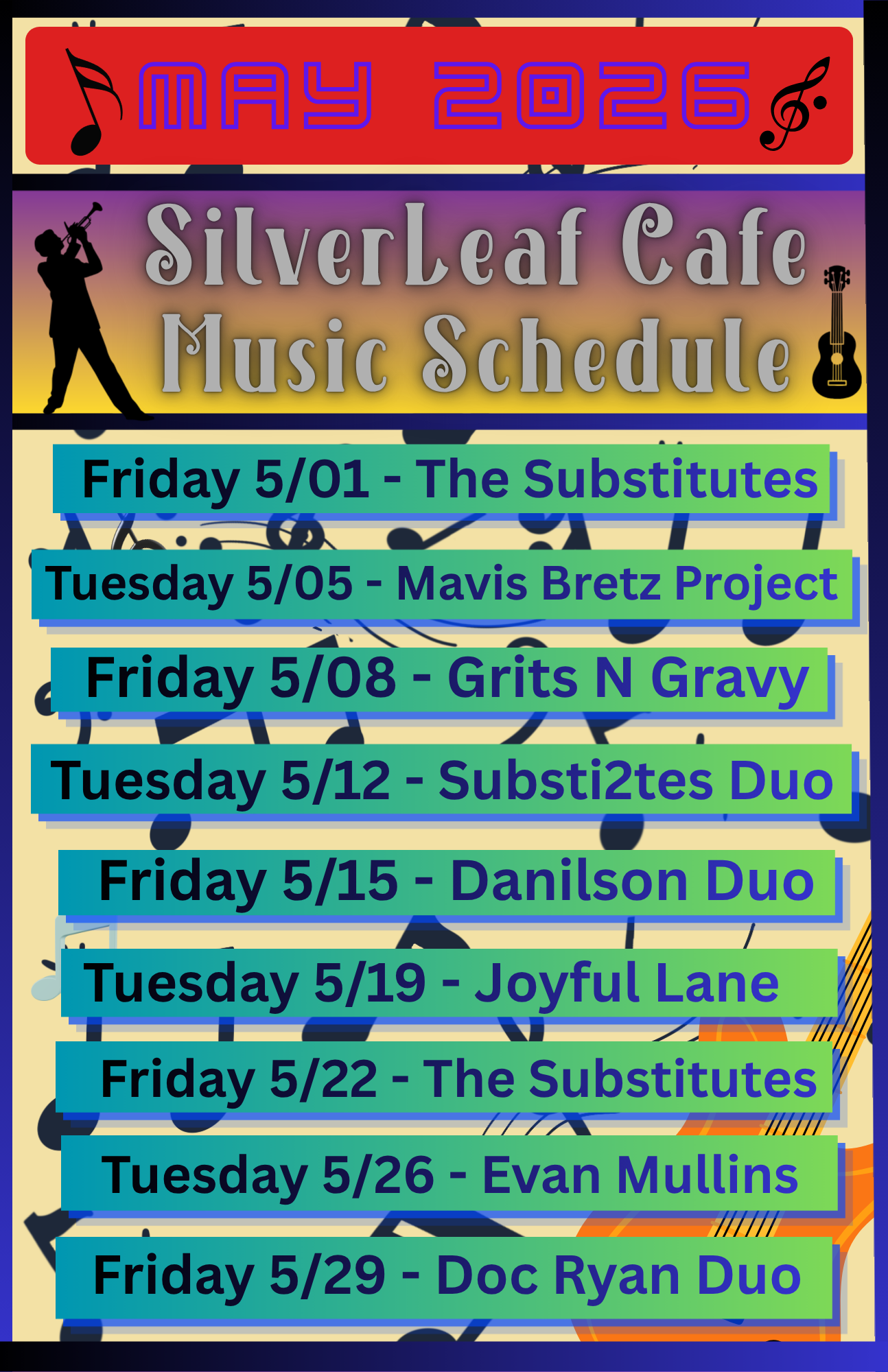 a poster with a music schedule