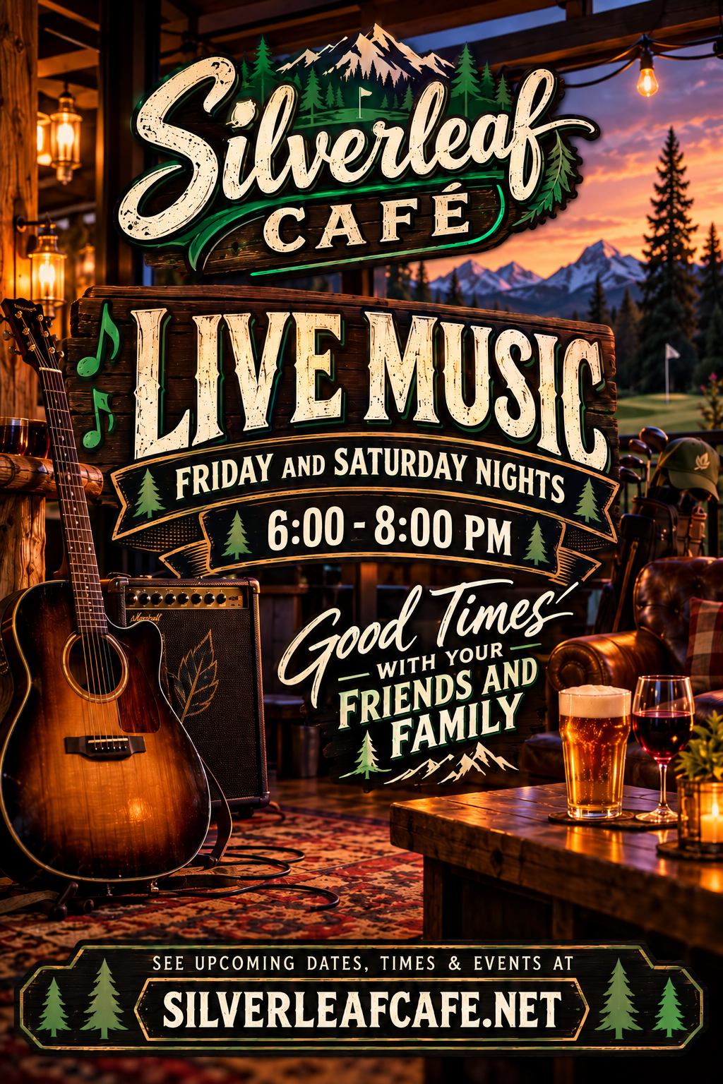 a sign with a guitar and glasses of beer on a table