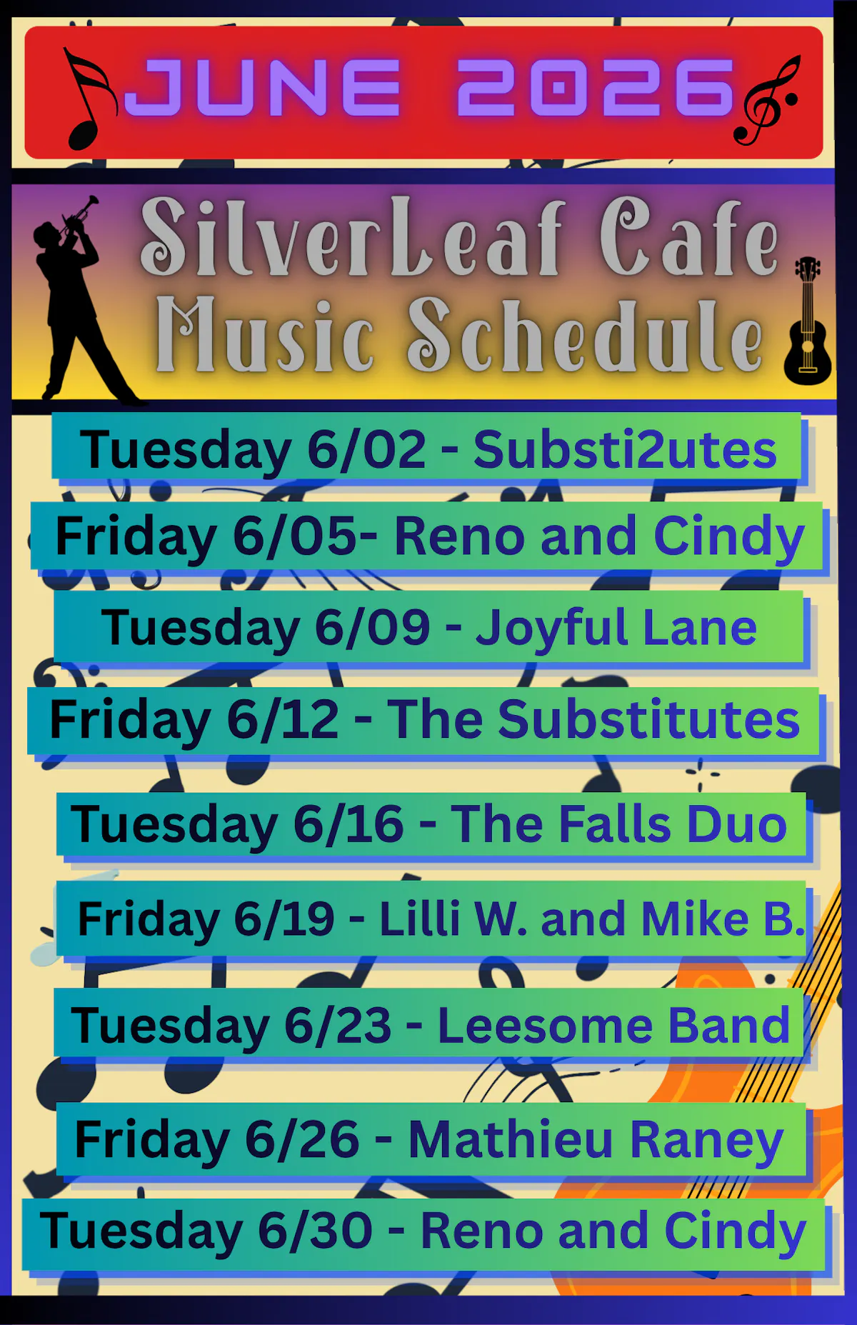 a poster with a music schedule