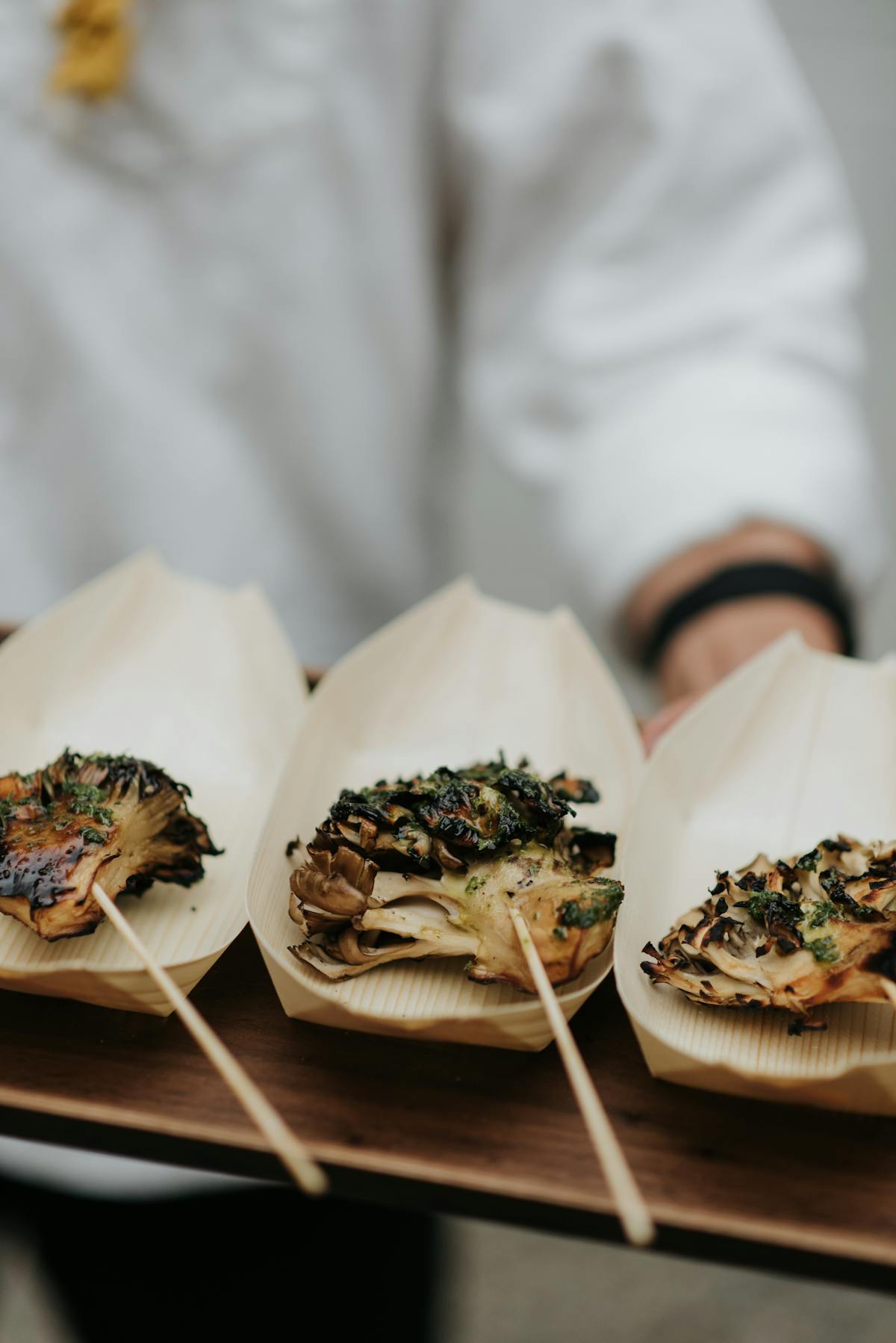 a close up of skewers